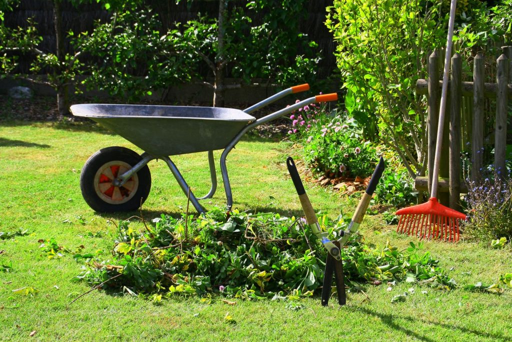 Garden waste with shears stuck in ground